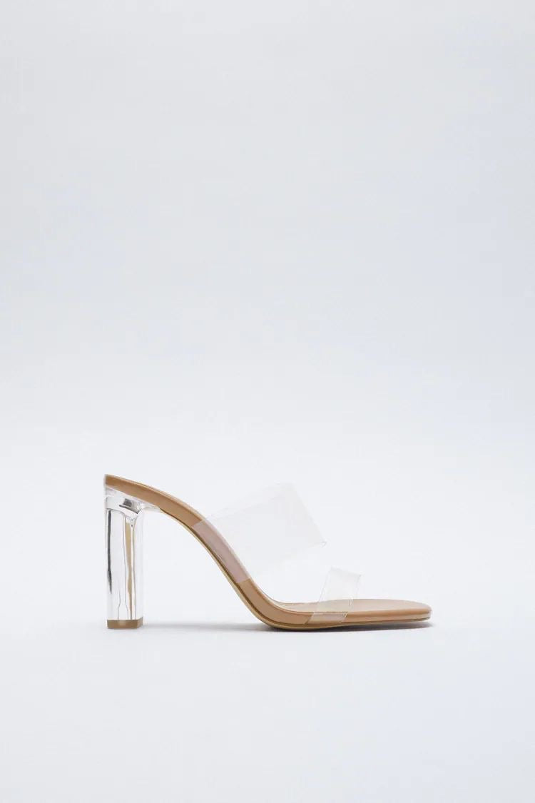 Nude Transparent Two Strap Heel Mules Sandals