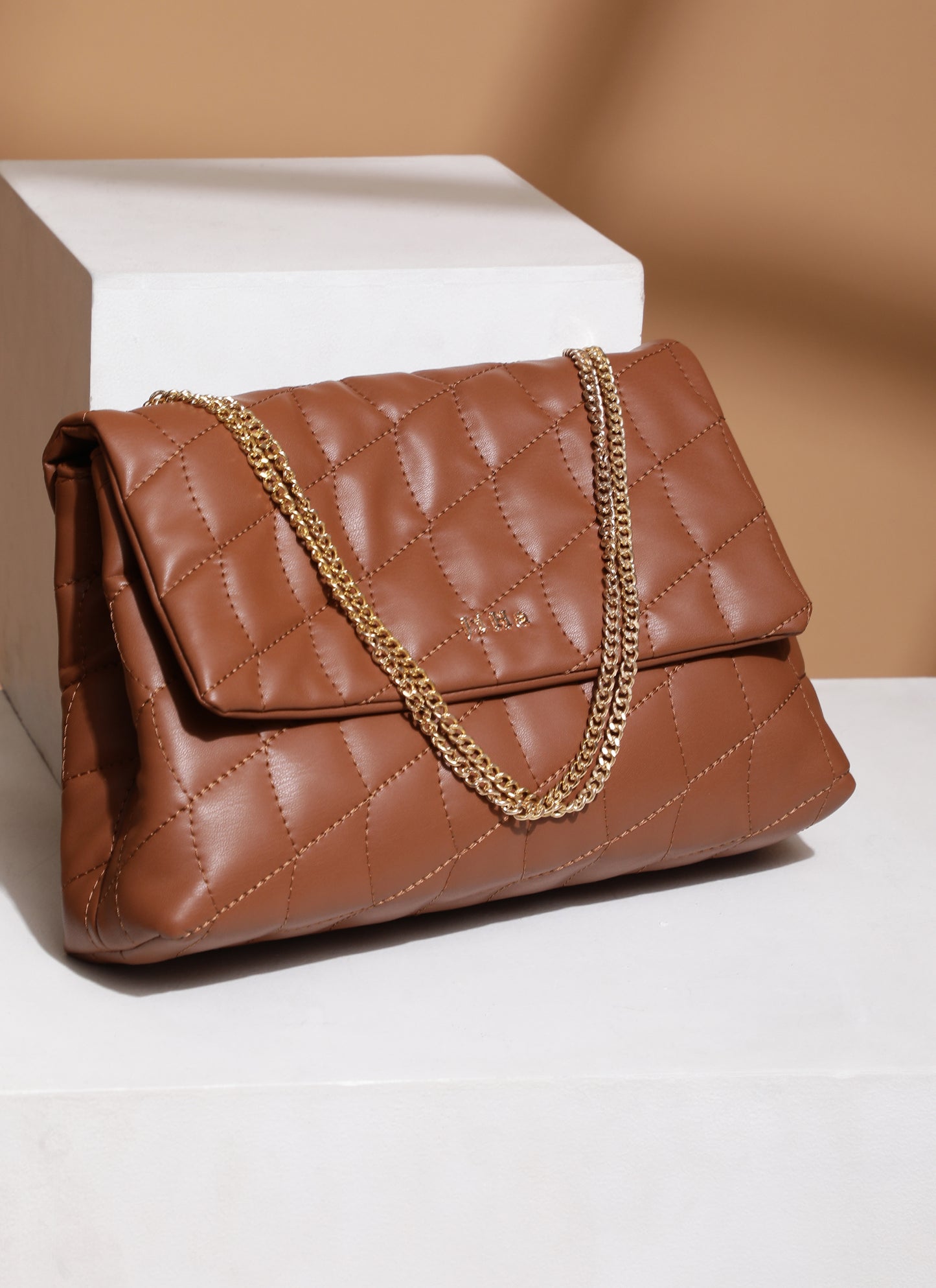 Tan Brown Quilted Double Chain Shoulder and Sling Bag