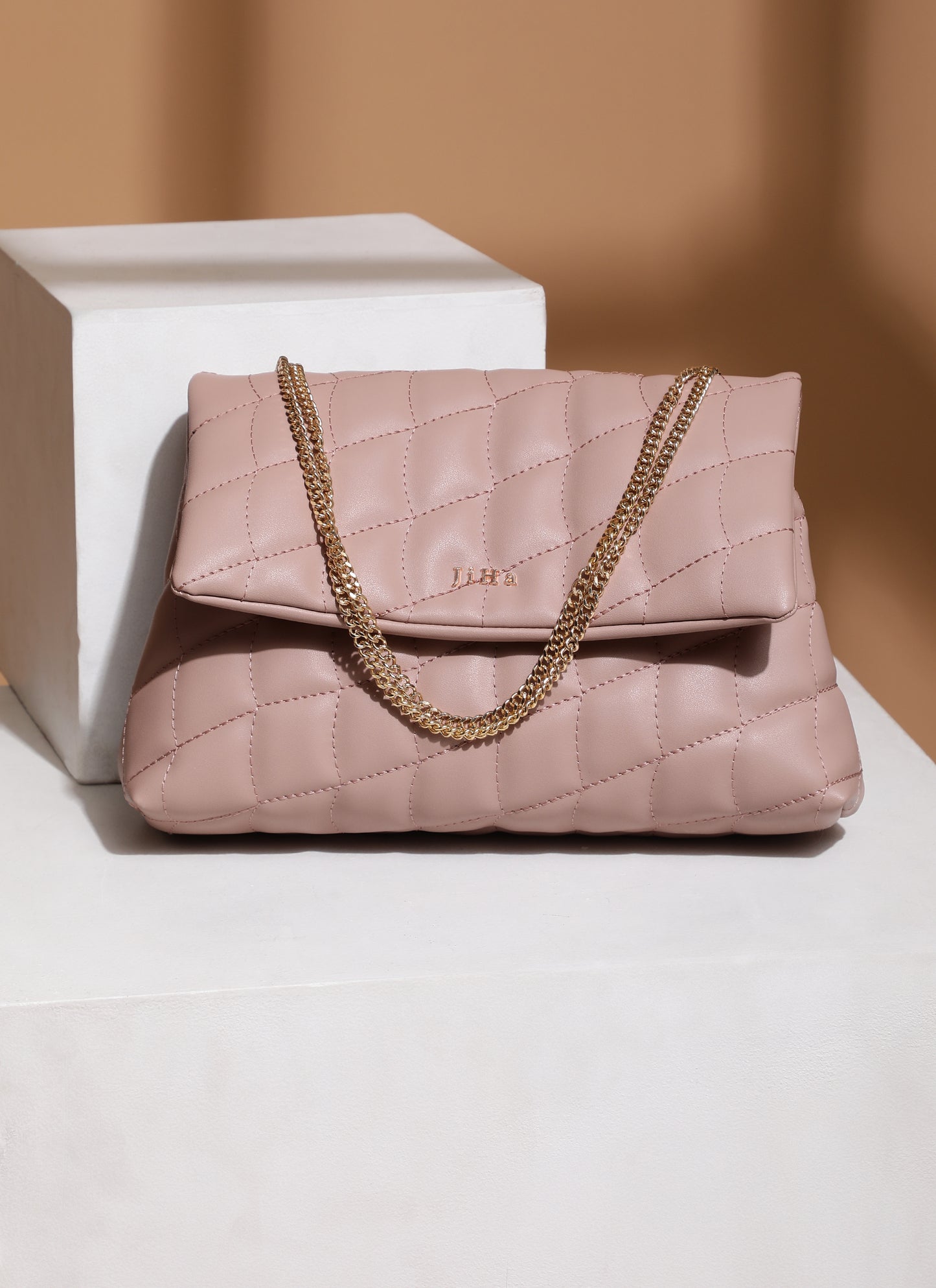 Mauve Pink Quilted Double Chain Shoulder and Sling Bag