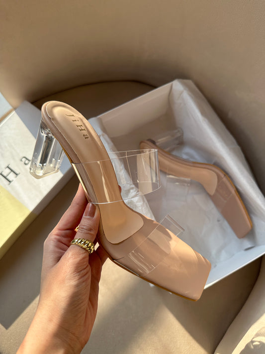Nude Transparent Two Strap Heel Mules Sandals