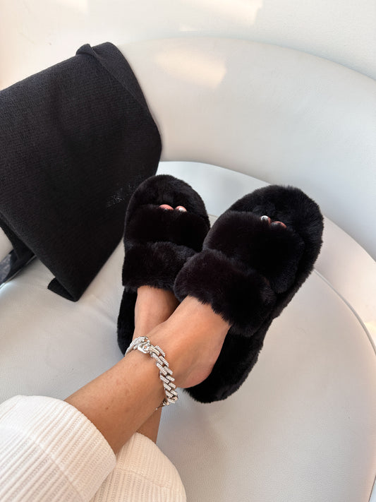 Black Faux Fur Slipper Flats Sandals