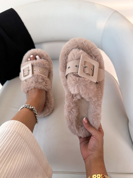 Mauve Belted Faux Fur Slipper Flats Sandals