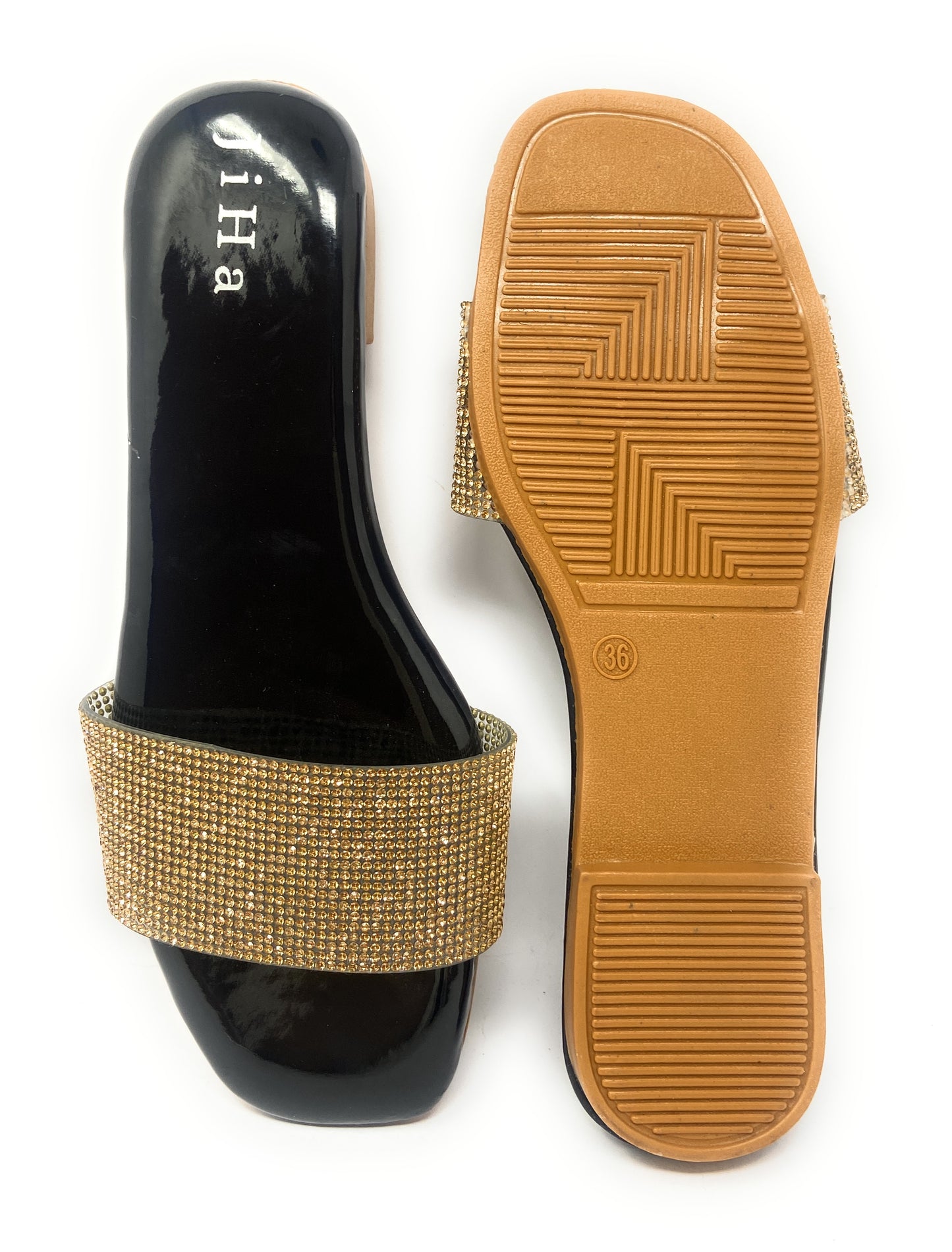 Gold Dewy Rhinestone Party Flat Slider Sandals