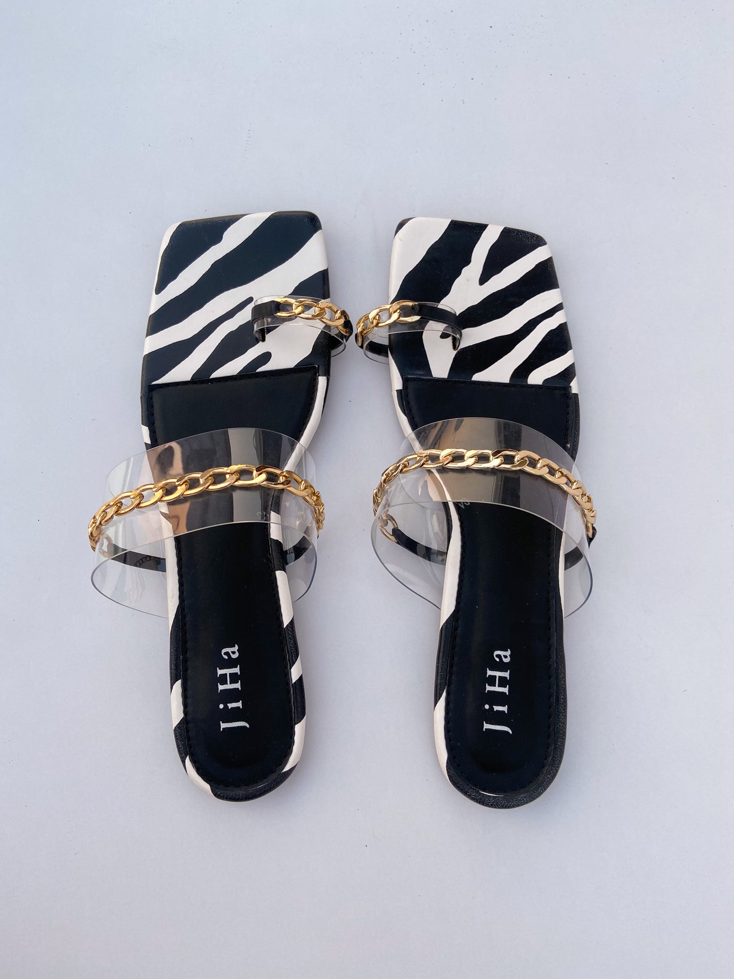 Zebra Print  Gold Chain Flat Sliders Sandals