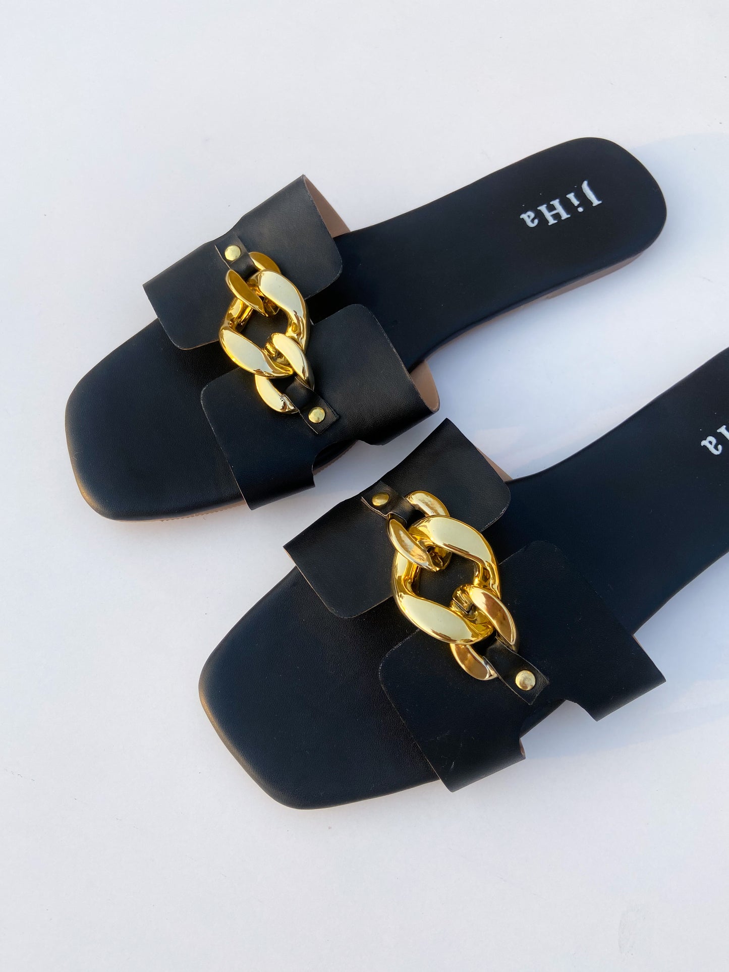 Black Classy Gold Chain Flat Sliders Sandals