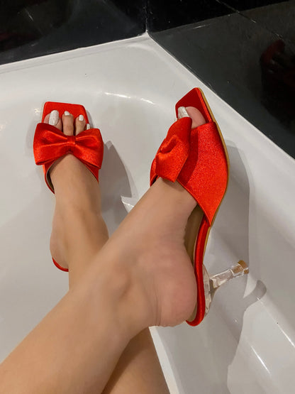 Red satin bow heels