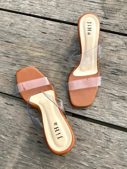 Brown Transparent Strap Heel Mules Sandals