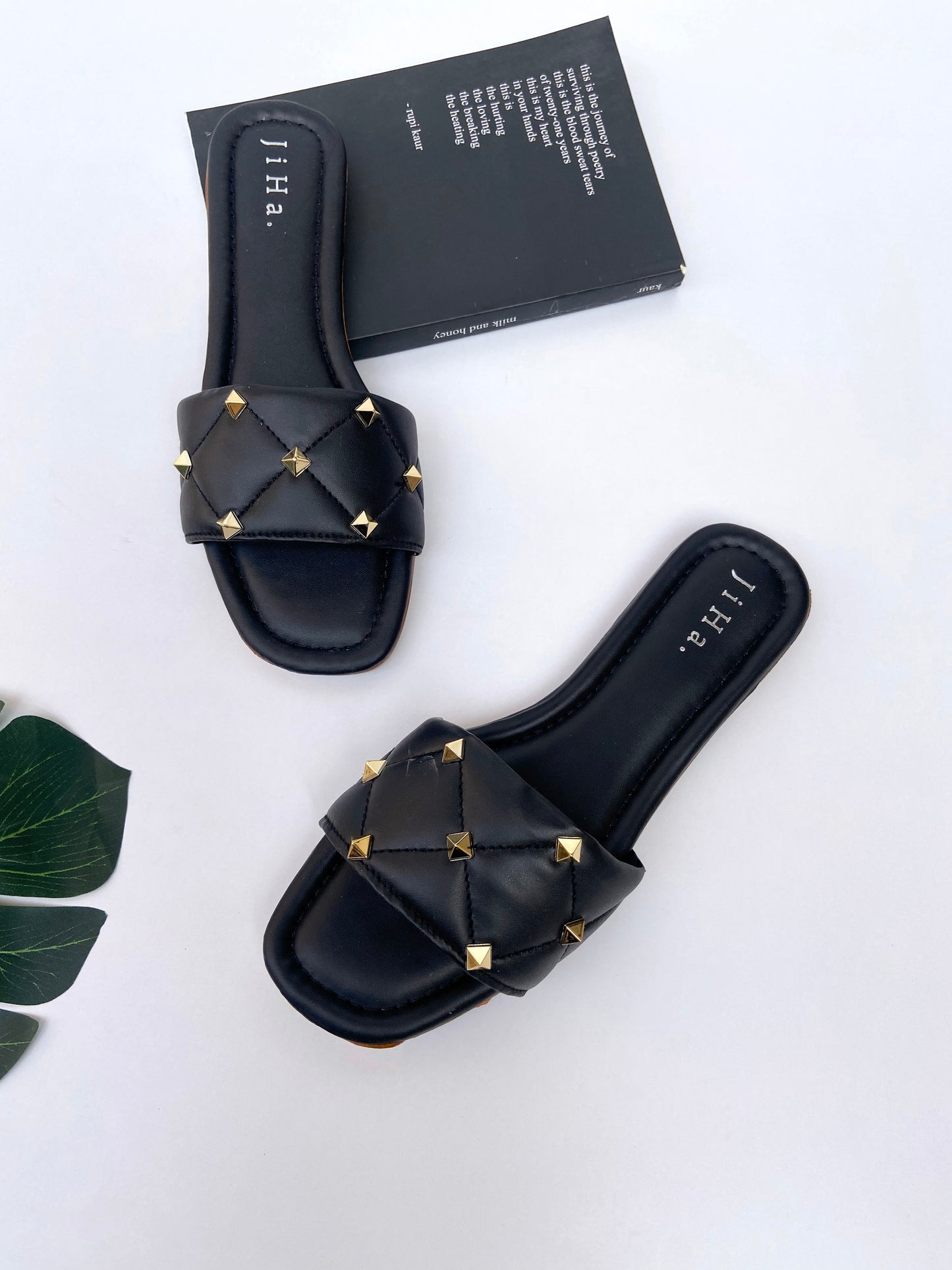Black Quilted Stone Strap Flats Sandals