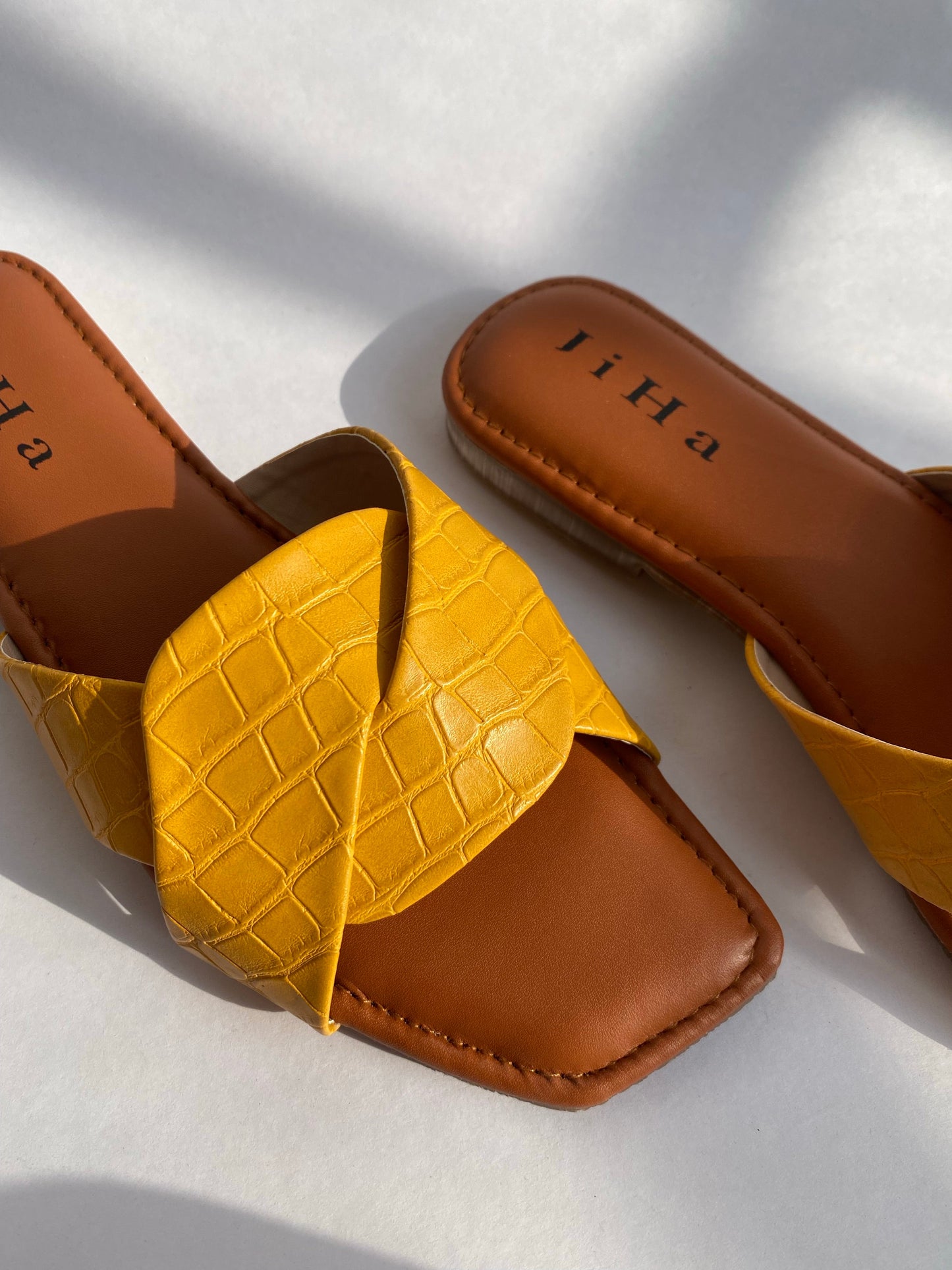 Yellow Croc Embossed twist Slide Sandals Flats