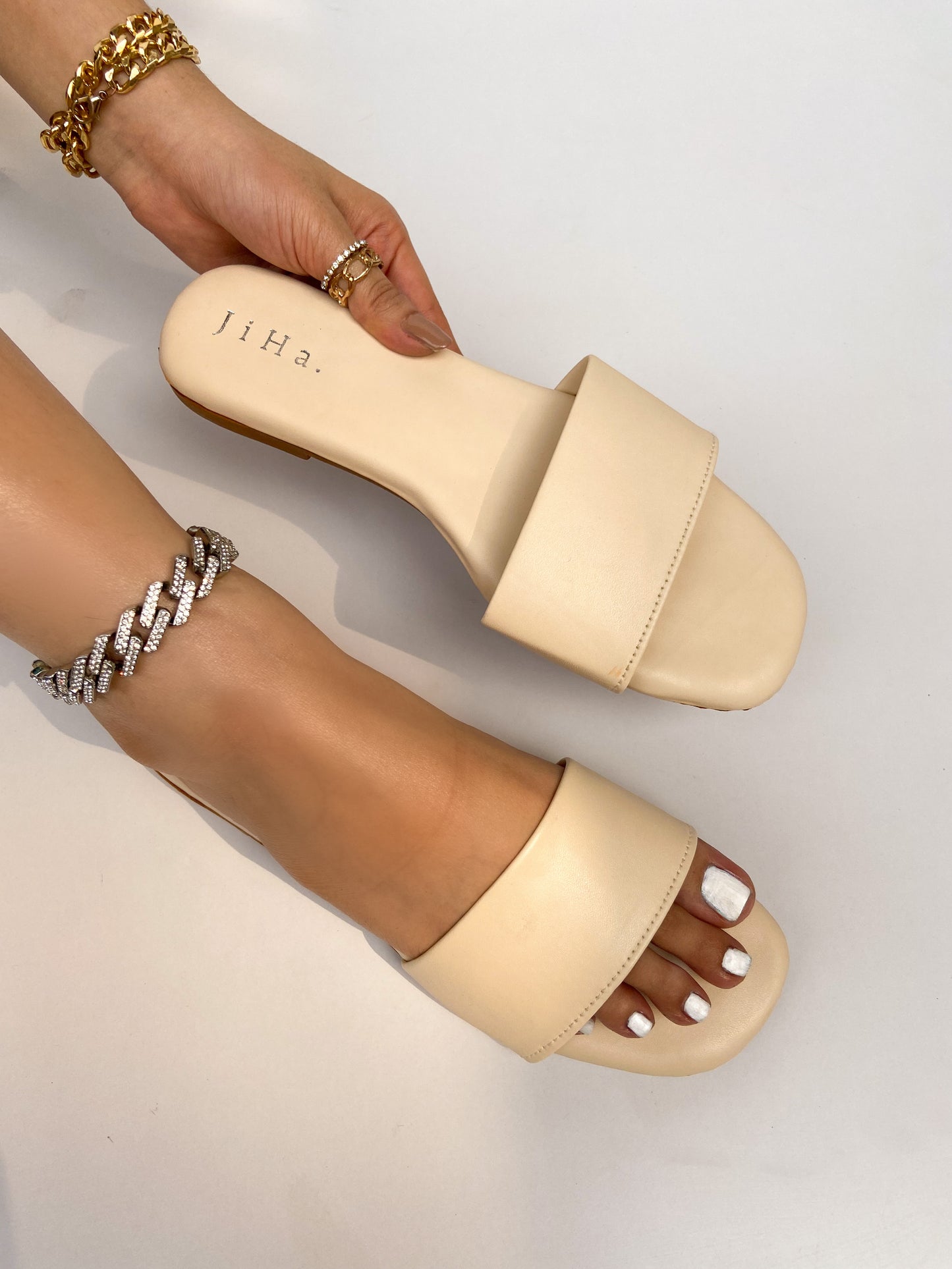 Off White Strap Basic Flats Sandals