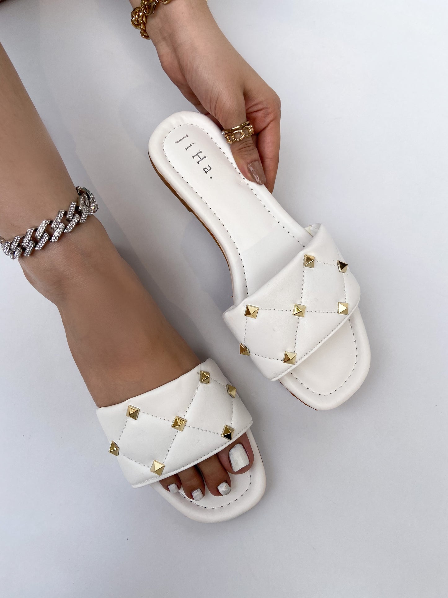 White Quilted Stone Strap Flats Sandals
