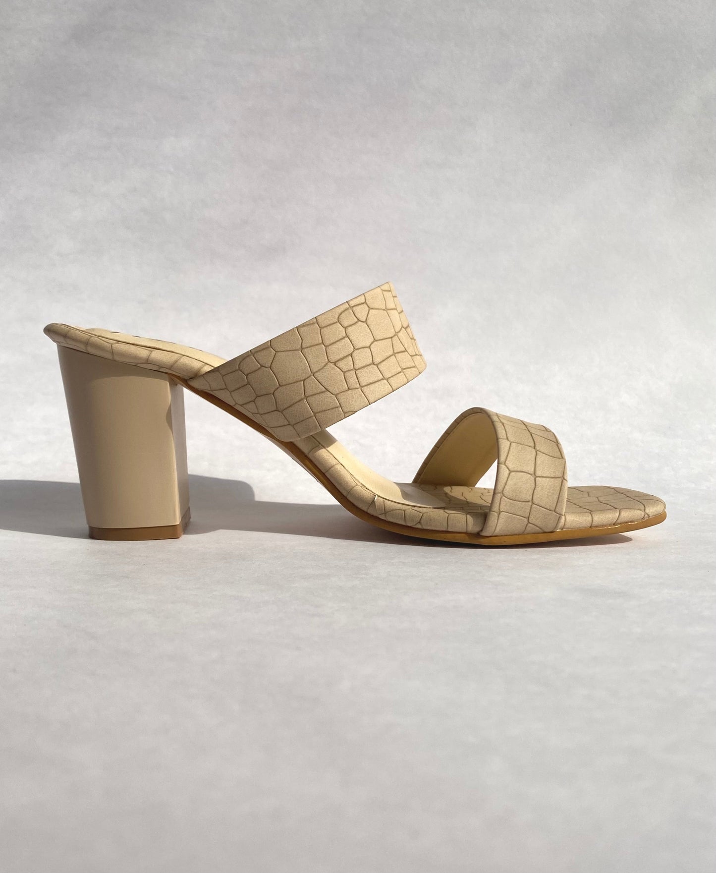 Cream Croc Embossed Double Band chunky heeled Sandals