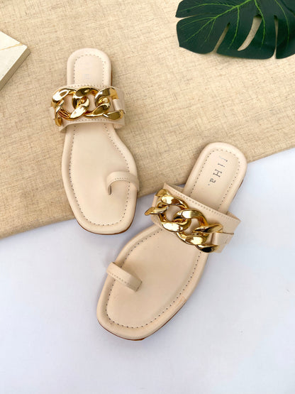 Cream Toe Ring Chain Strap Flats Sandals