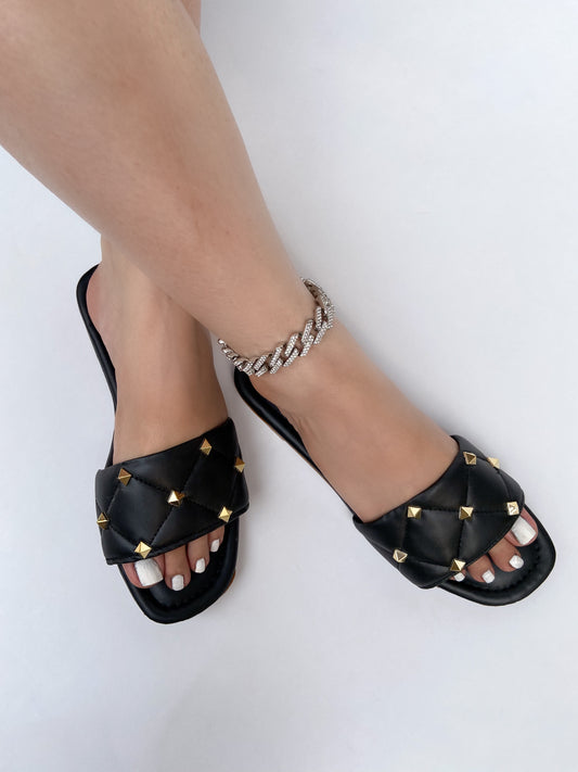 Black Quilted Stone Strap Flats Sandals