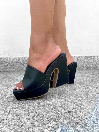 Black Chunky Strap Platform Heel Sandals