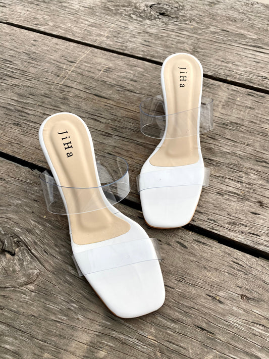 White Transparent Strap Heel Mules Sandals