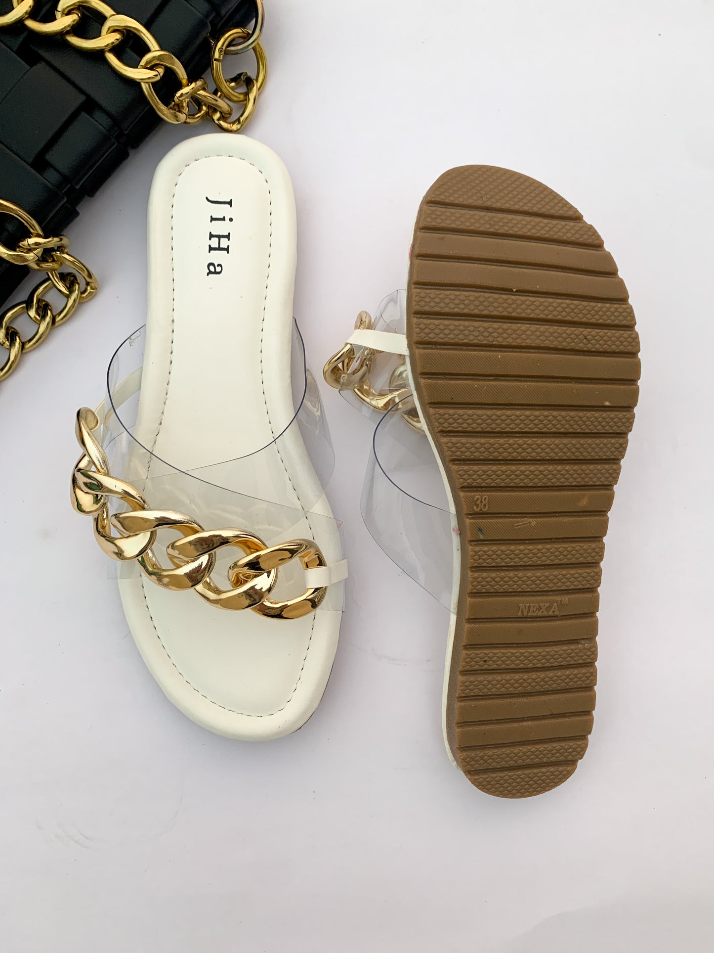 White Criss Cross Gold Chain Flat Slider Sandals