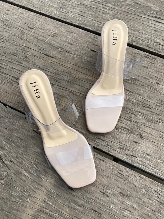 Light Mauve/ Nude Transparent Strap Heel Mules Sandals