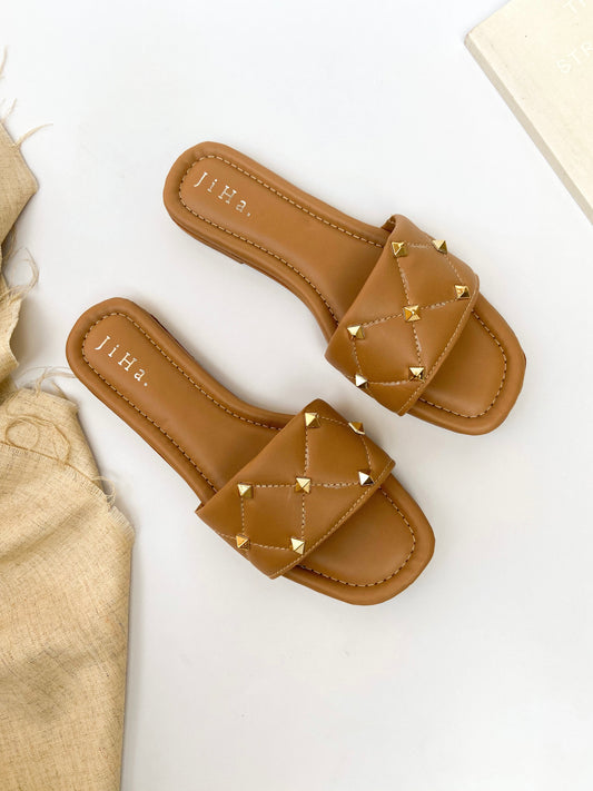 Nude Quilted Stone Strap Flats Sandals