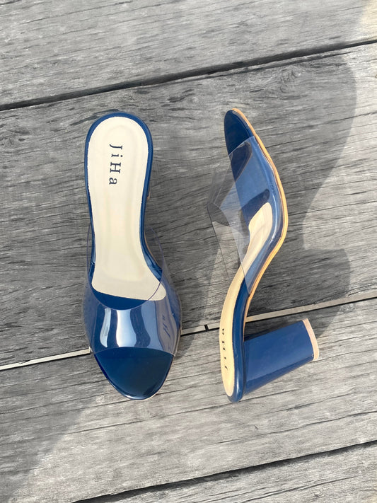Blue Clear Chunky  Round Open Toe Heels