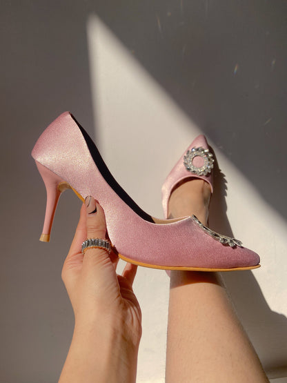 Carrie Jewel Buckle Satin Pink Pump Heels