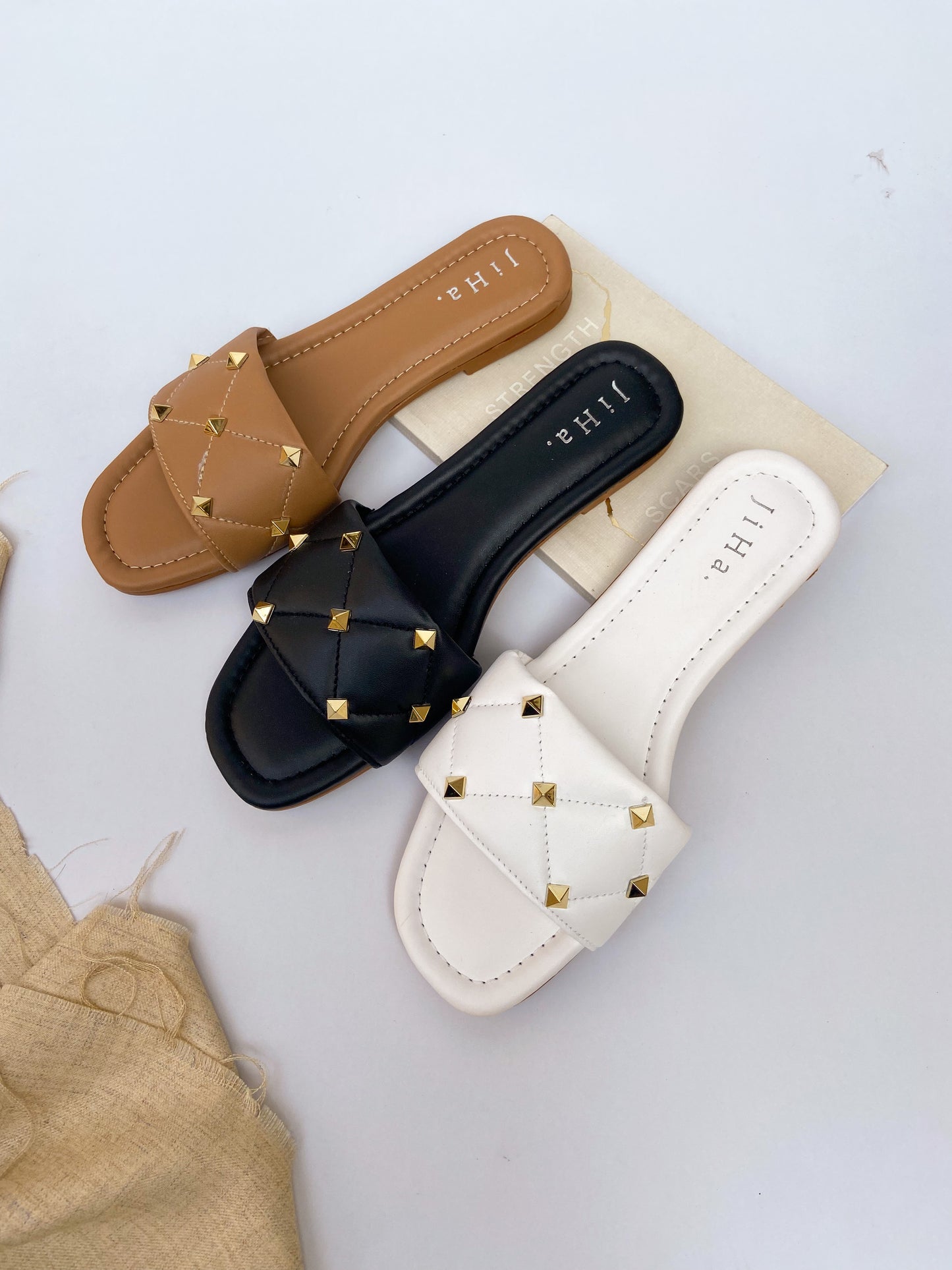 White Quilted Stone Strap Flats Sandals