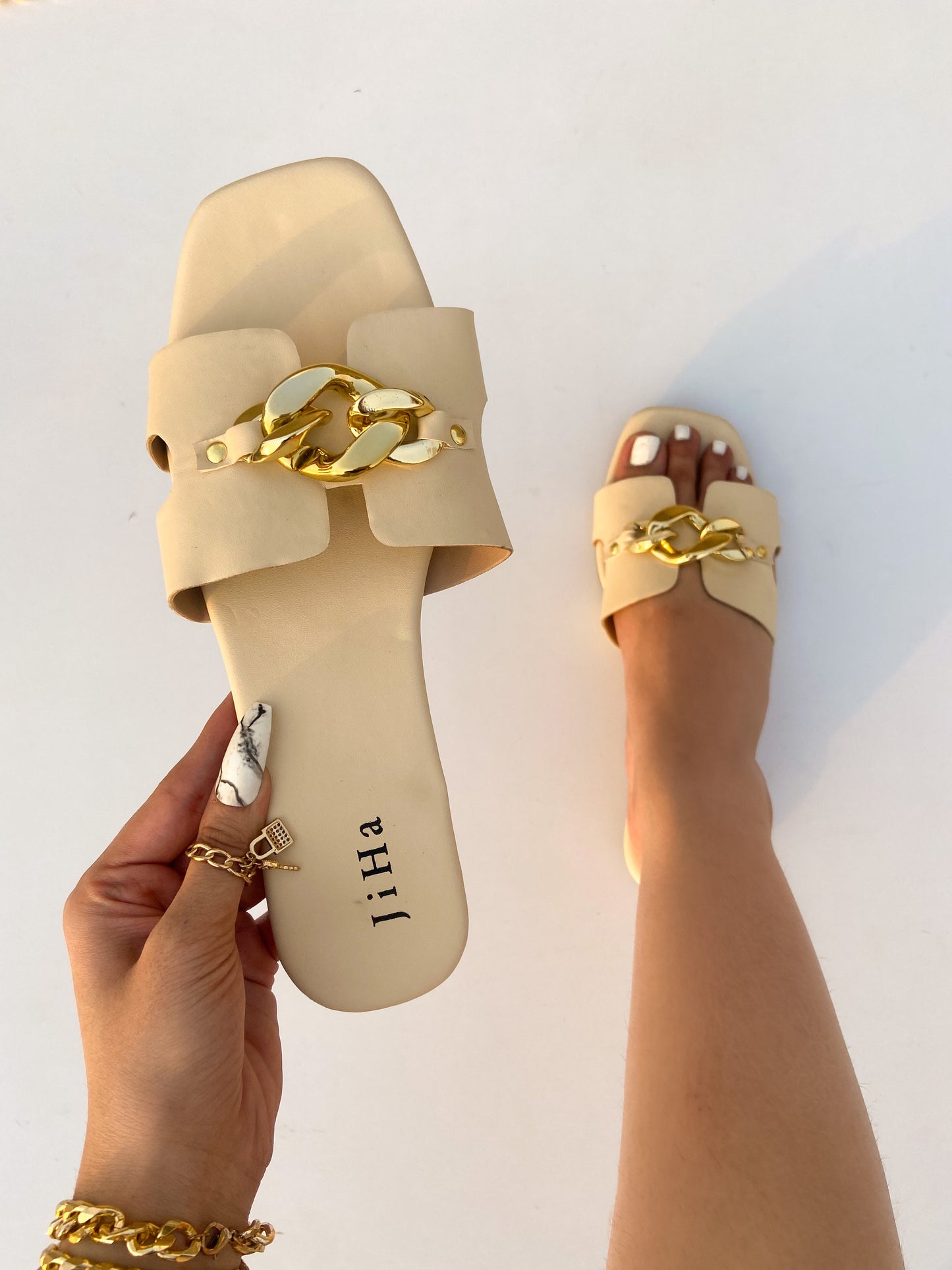 Off White Classy Gold Chain Flat Sliders Sandals