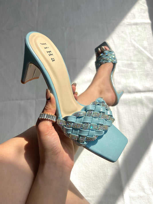 Sky Blue Quilted Rhinestone Party Heels