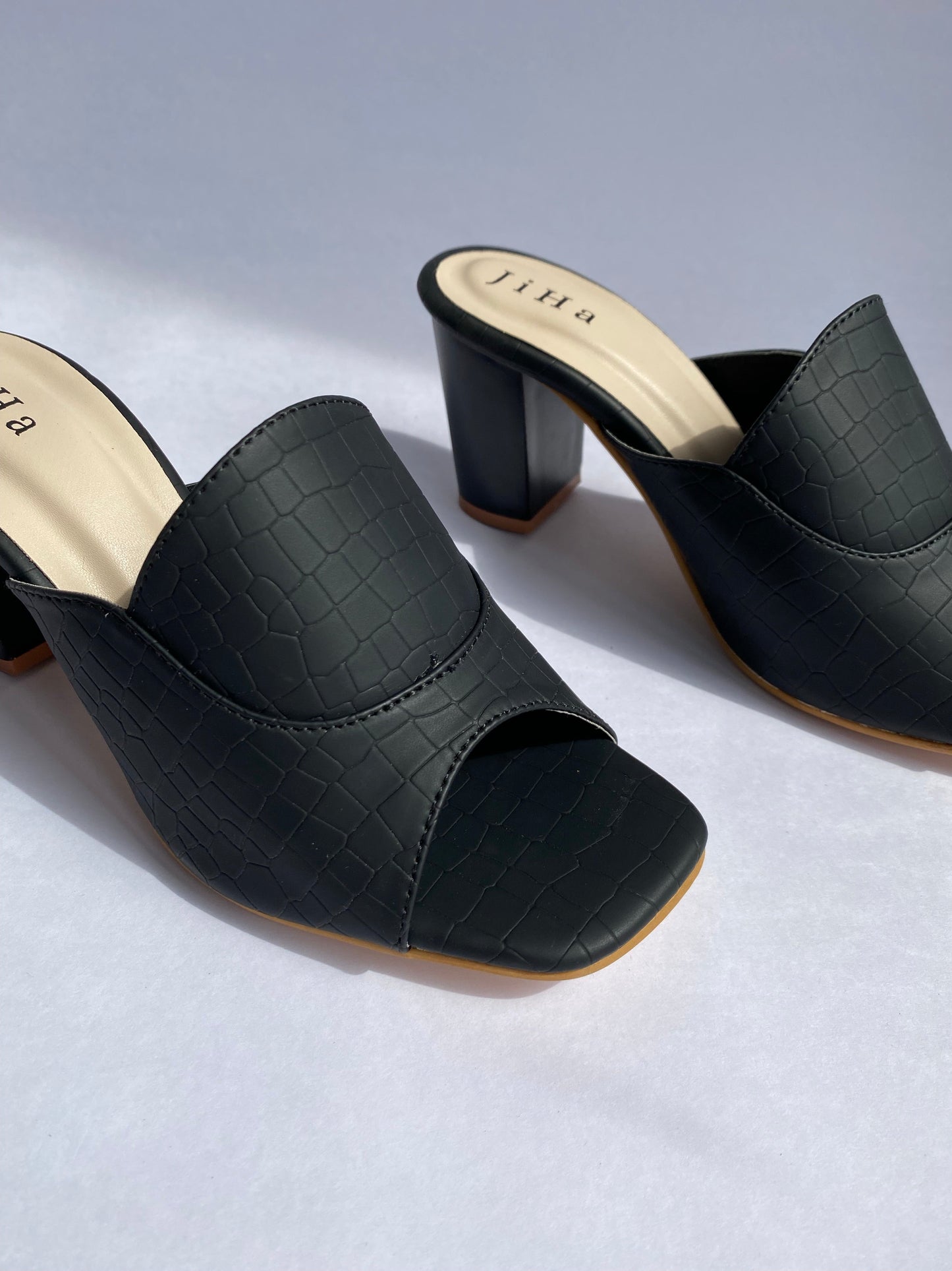 Black Square open toe block heels